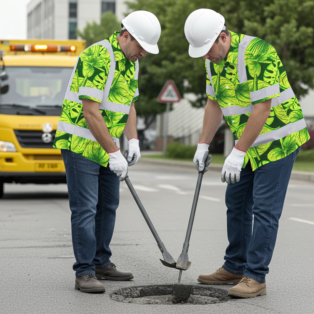 Hi Vis Hawaiian Shirt Reflective Tapes Green Lime Anthurium Custom Name Safety Workwear For Workers, Truckers, Operators