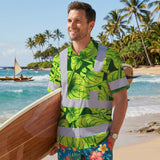 Hi Vis Hawaiian Shirt Reflective Tapes Green Lime Anthurium Custom Name Safety Workwear For Workers, Truckers, Operators