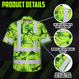 Hi Vis Hawaiian Shirt Reflective Tapes Green Lime Anthurium Custom Name Safety Workwear For Workers, Truckers, Operators