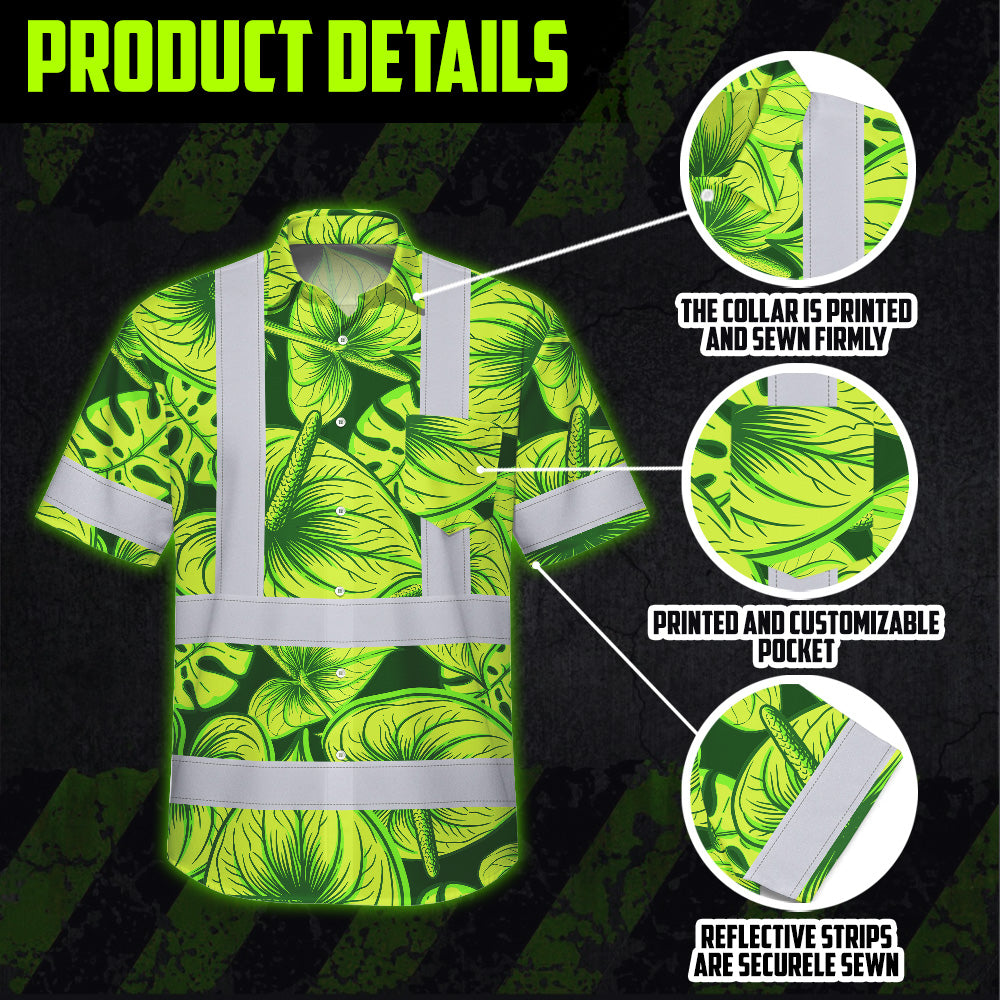 Hi Vis Hawaiian Shirt Reflective Tapes Green Lime Anthurium Custom Name Safety Workwear For Workers, Truckers, Operators