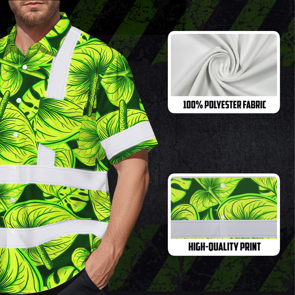 Hi Vis Hawaiian Shirt Reflective Tapes Green Lime Anthurium Custom Name Safety Workwear For Workers, Truckers, Operators