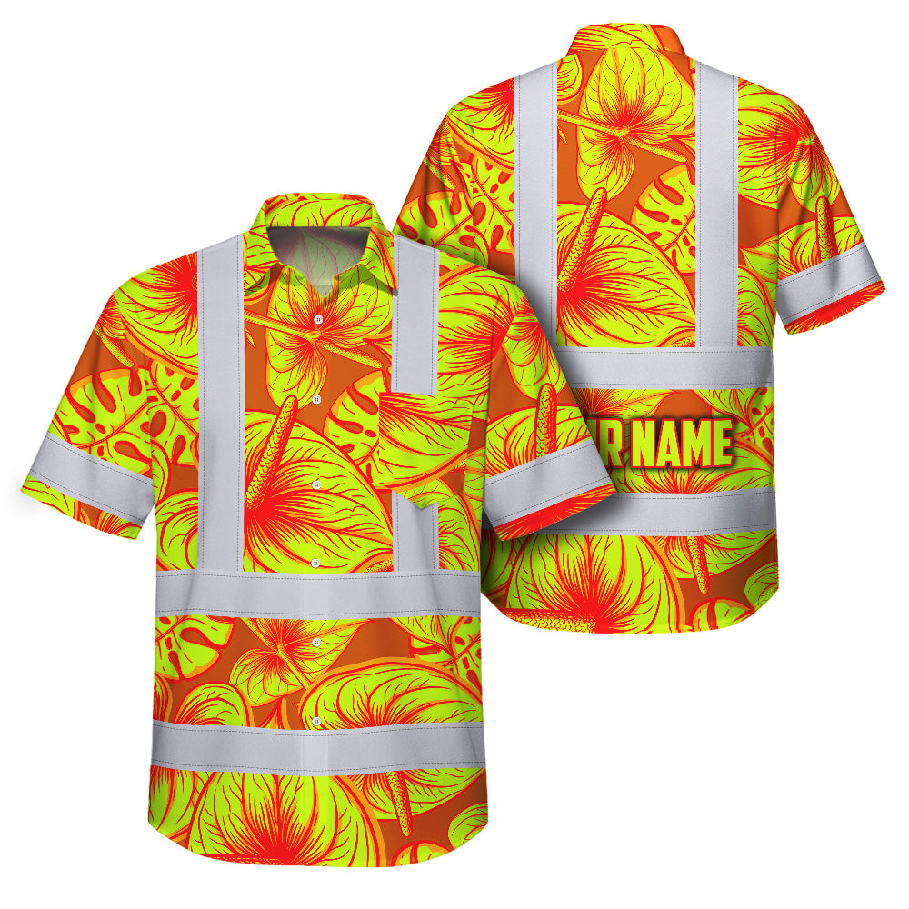 Hi Vis Hawaiian Shirt Reflective Tapes Orange Lime Anthurium Custom Name Safety Workwear For Workers, Truckers, Operators