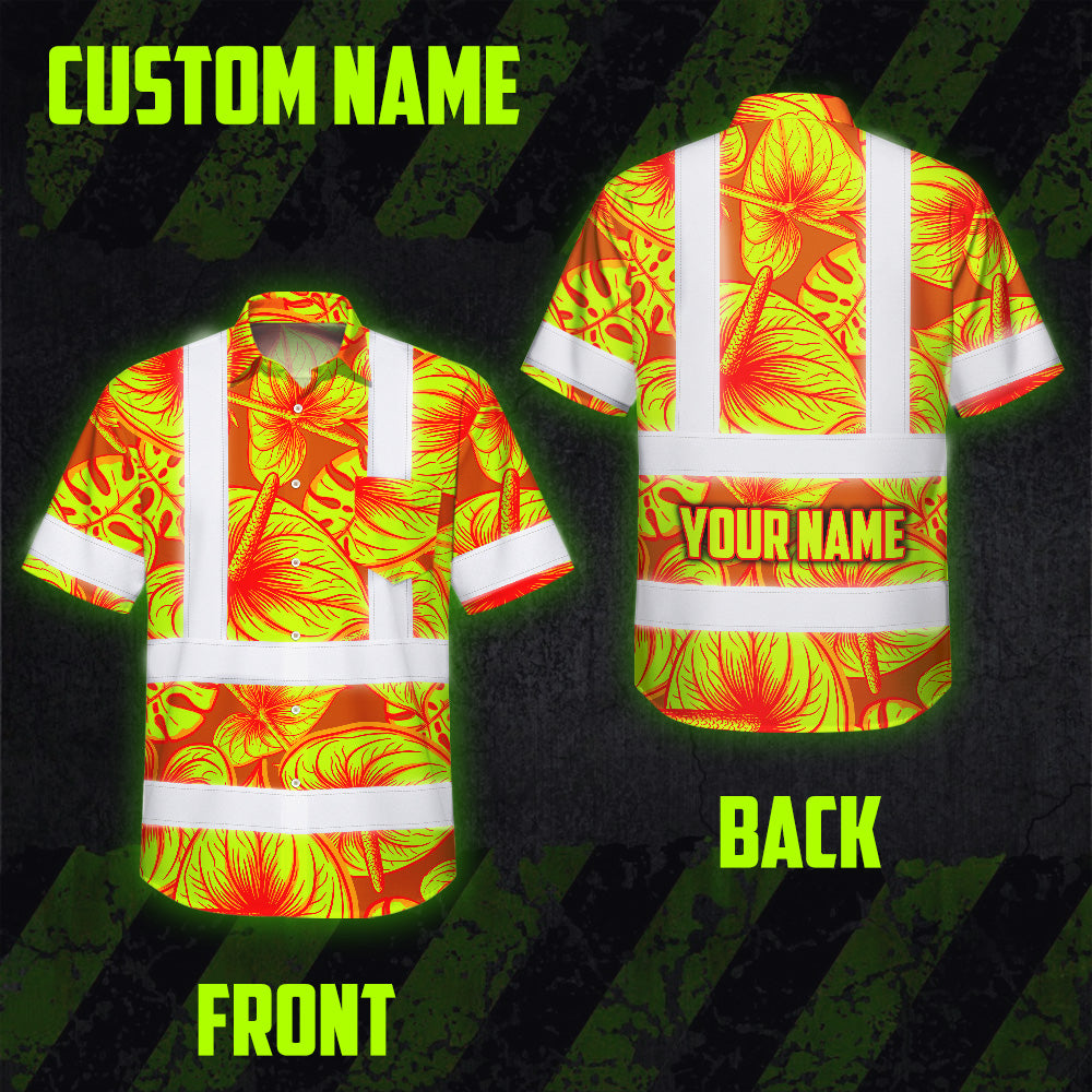 Hi Vis Hawaiian Shirt Reflective Tapes Orange Lime Anthurium Custom Name Safety Workwear For Workers, Truckers, Operators