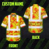 Hi Vis Hawaiian Shirt Reflective Tapes Orange Lime Anthurium Custom Name Safety Workwear For Workers, Truckers, Operators