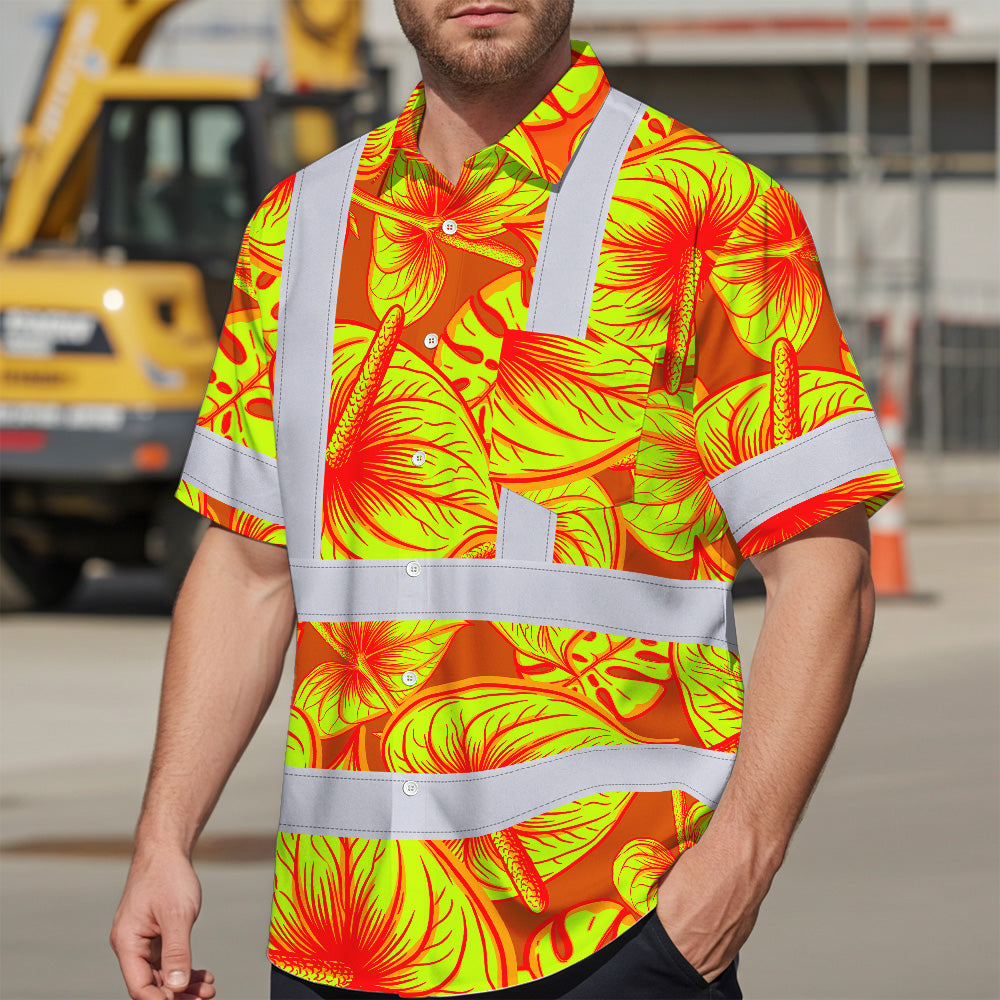 Hi Vis Hawaiian Shirt Reflective Tapes Orange Lime Anthurium Custom Name Safety Workwear For Workers, Truckers, Operators