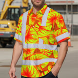 Hi Vis Hawaiian Shirt Reflective Tapes Orange Lime Anthurium Custom Name Safety Workwear For Workers, Truckers, Operators
