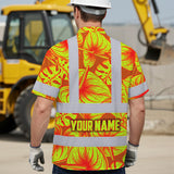 Hi Vis Hawaiian Shirt Reflective Tapes Orange Lime Anthurium Custom Name Safety Workwear For Workers, Truckers, Operators