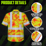 Hi Vis Hawaiian Shirt Reflective Tapes Orange Lime Anthurium Custom Name Safety Workwear For Workers, Truckers, Operators