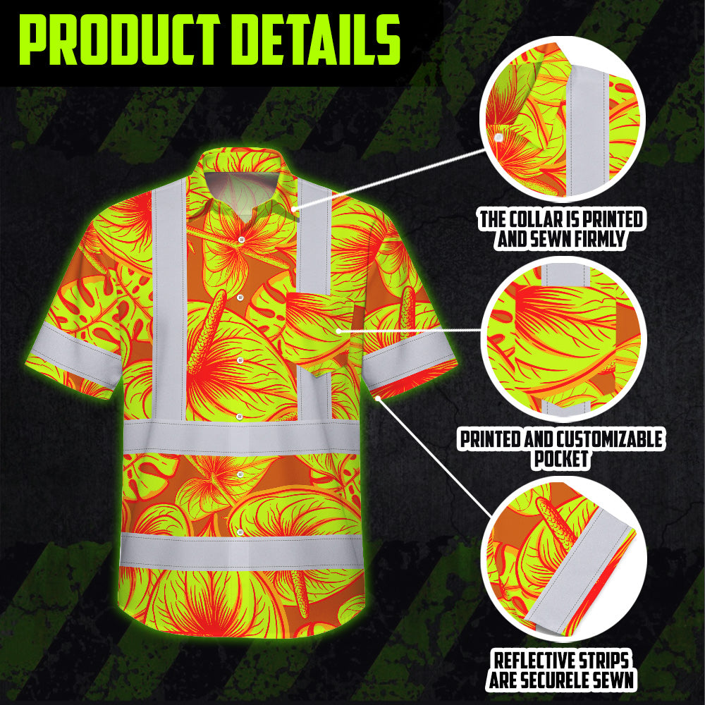 Hi Vis Hawaiian Shirt Reflective Tapes Orange Lime Anthurium Custom Name Safety Workwear For Workers, Truckers, Operators