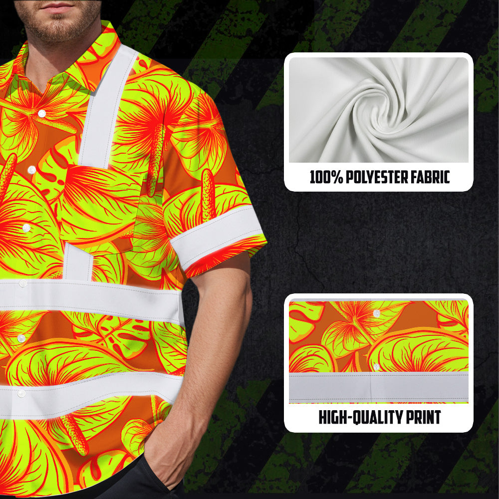 Hi Vis Hawaiian Shirt Reflective Tapes Orange Lime Anthurium Custom Name Safety Workwear For Workers, Truckers, Operators