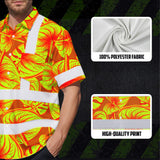 Hi Vis Hawaiian Shirt Reflective Tapes Orange Lime Anthurium Custom Name Safety Workwear For Workers, Truckers, Operators