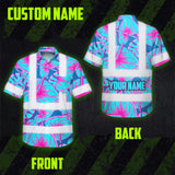 Hi Vis Hawaiian Shirt Reflective Tapes Blue Pink Anthurium Custom Name Safety Workwear For Workers, Truckers, Operators