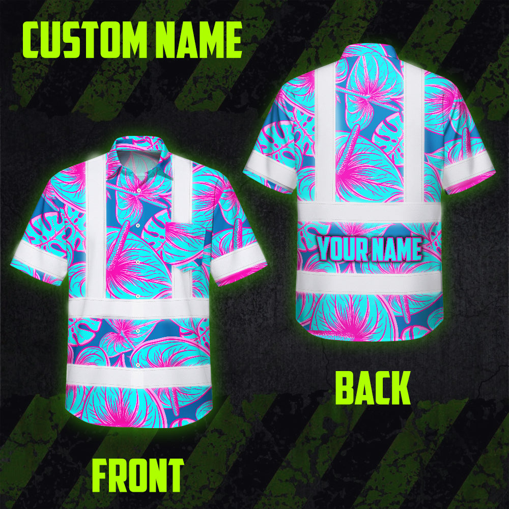 Hi Vis Hawaiian Shirt Reflective Tapes Blue Pink Anthurium Custom Name Safety Workwear For Workers, Truckers, Operators