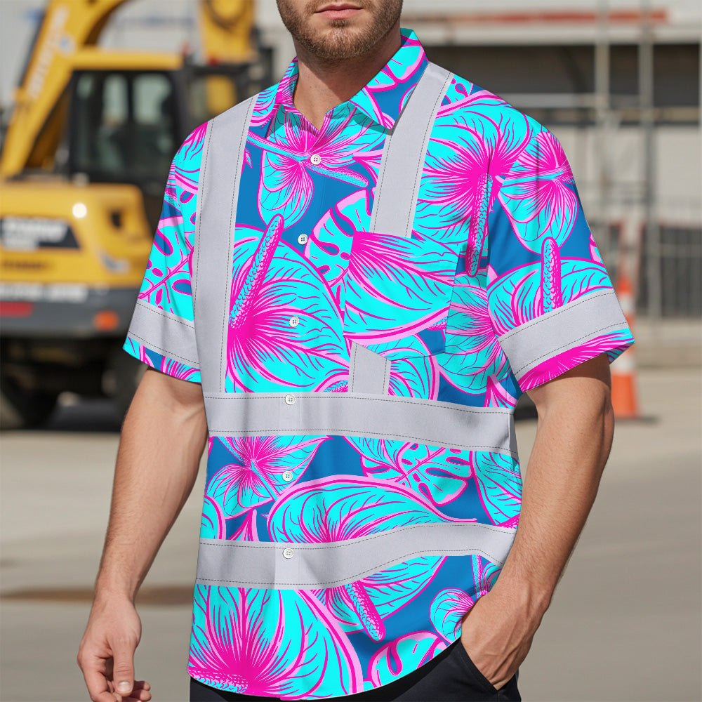 Hi Vis Hawaiian Shirt Reflective Tapes Blue Pink Anthurium Custom Name Safety Workwear For Workers, Truckers, Operators