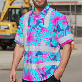 Hi Vis Hawaiian Shirt Reflective Tapes Blue Pink Anthurium Custom Name Safety Workwear For Workers, Truckers, Operators