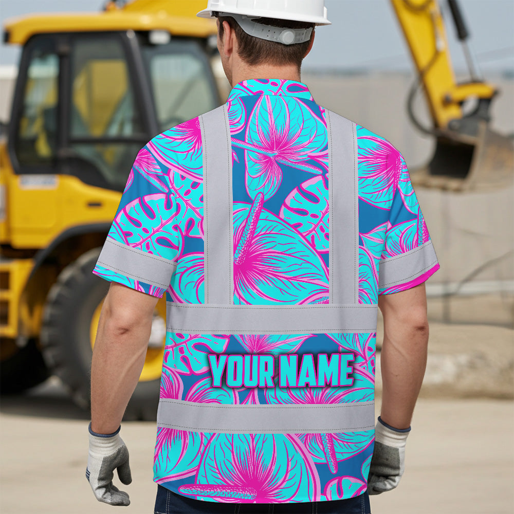 Hi Vis Hawaiian Shirt Reflective Tapes Blue Pink Anthurium Custom Name Safety Workwear For Workers, Truckers, Operators