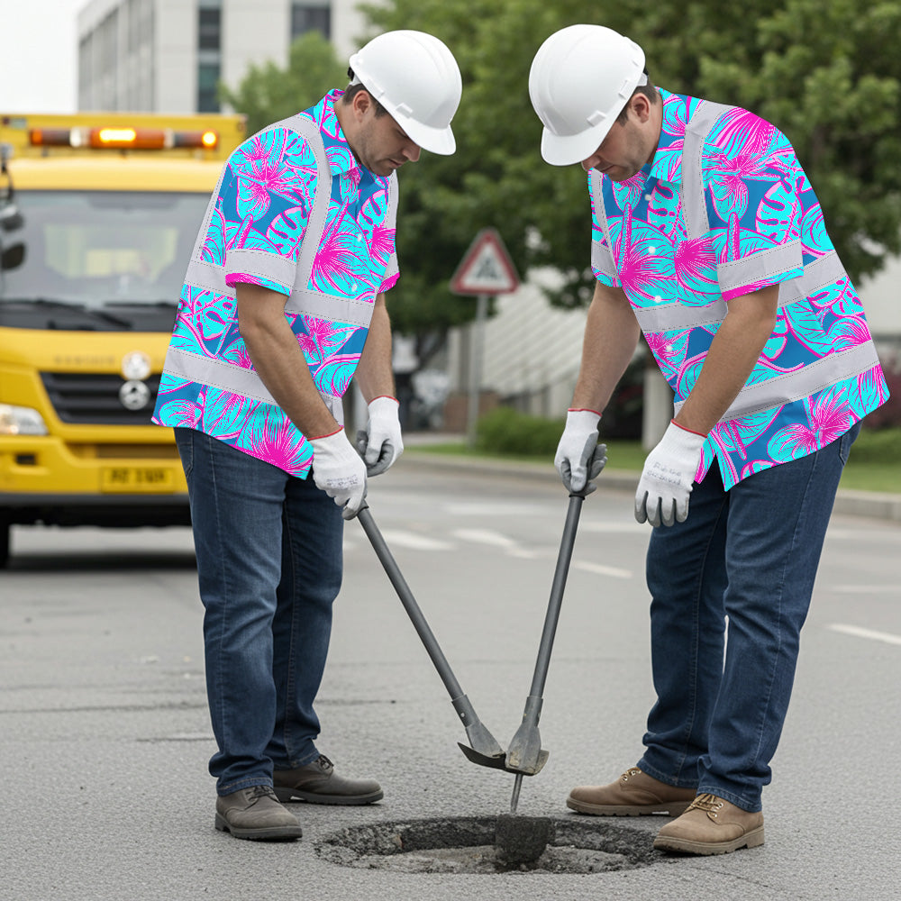 Hi Vis Hawaiian Shirt Reflective Tapes Blue Pink Anthurium Custom Name Safety Workwear For Workers, Truckers, Operators