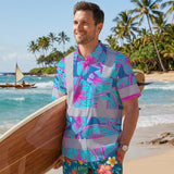 Hi Vis Hawaiian Shirt Reflective Tapes Blue Pink Anthurium Custom Name Safety Workwear For Workers, Truckers, Operators