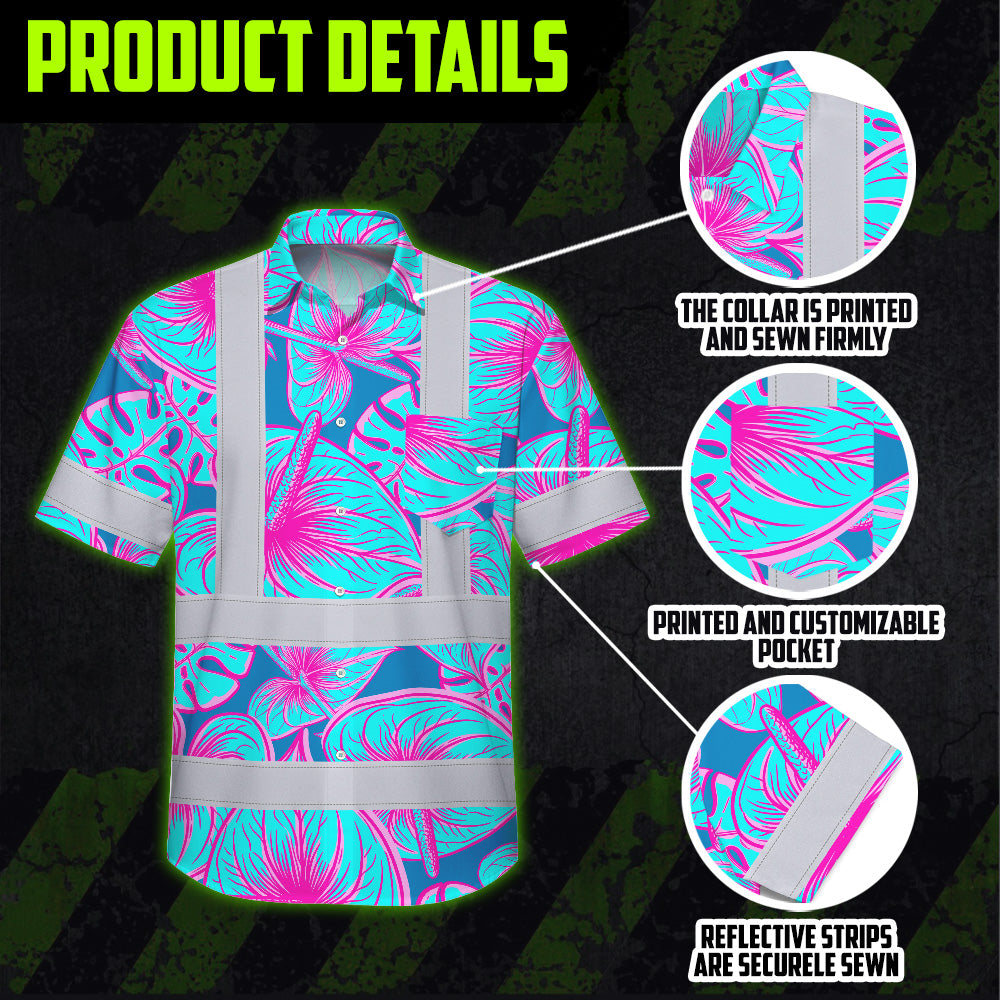 Hi Vis Hawaiian Shirt Reflective Tapes Blue Pink Anthurium Custom Name Safety Workwear For Workers, Truckers, Operators