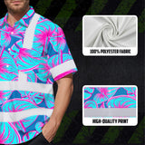 Hi Vis Hawaiian Shirt Reflective Tapes Blue Pink Anthurium Custom Name Safety Workwear For Workers, Truckers, Operators