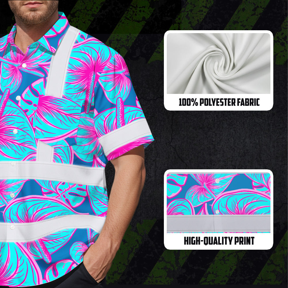 Hi Vis Hawaiian Shirt Reflective Tapes Blue Pink Anthurium Custom Name Safety Workwear For Workers, Truckers, Operators