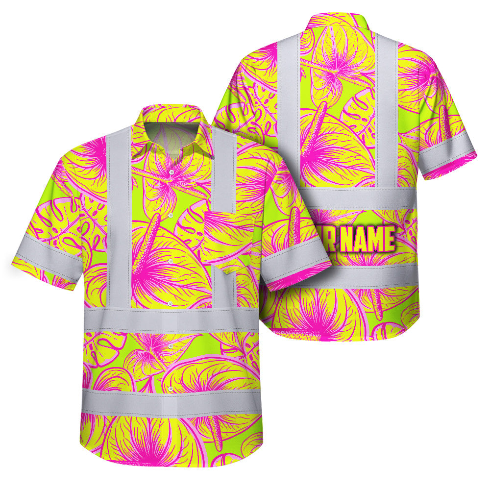 Hi Vis Hawaiian Shirt Reflective Tapes Yellow Pink Anthurium Custom Name Safety Workwear For Workers, Truckers, Operators
