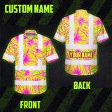 Hi Vis Hawaiian Shirt Reflective Tapes Yellow Pink Anthurium Custom Name Safety Workwear For Workers, Truckers, Operators