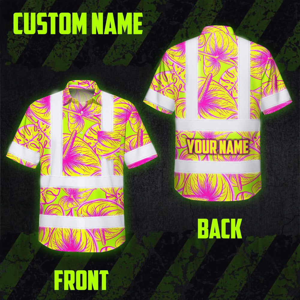 Hi Vis Hawaiian Shirt Reflective Tapes Yellow Pink Anthurium Custom Name Safety Workwear For Workers, Truckers, Operators