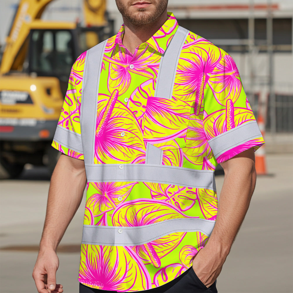 Hi Vis Hawaiian Shirt Reflective Tapes Yellow Pink Anthurium Custom Name Safety Workwear For Workers, Truckers, Operators