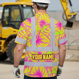 Hi Vis Hawaiian Shirt Reflective Tapes Yellow Pink Anthurium Custom Name Safety Workwear For Workers, Truckers, Operators