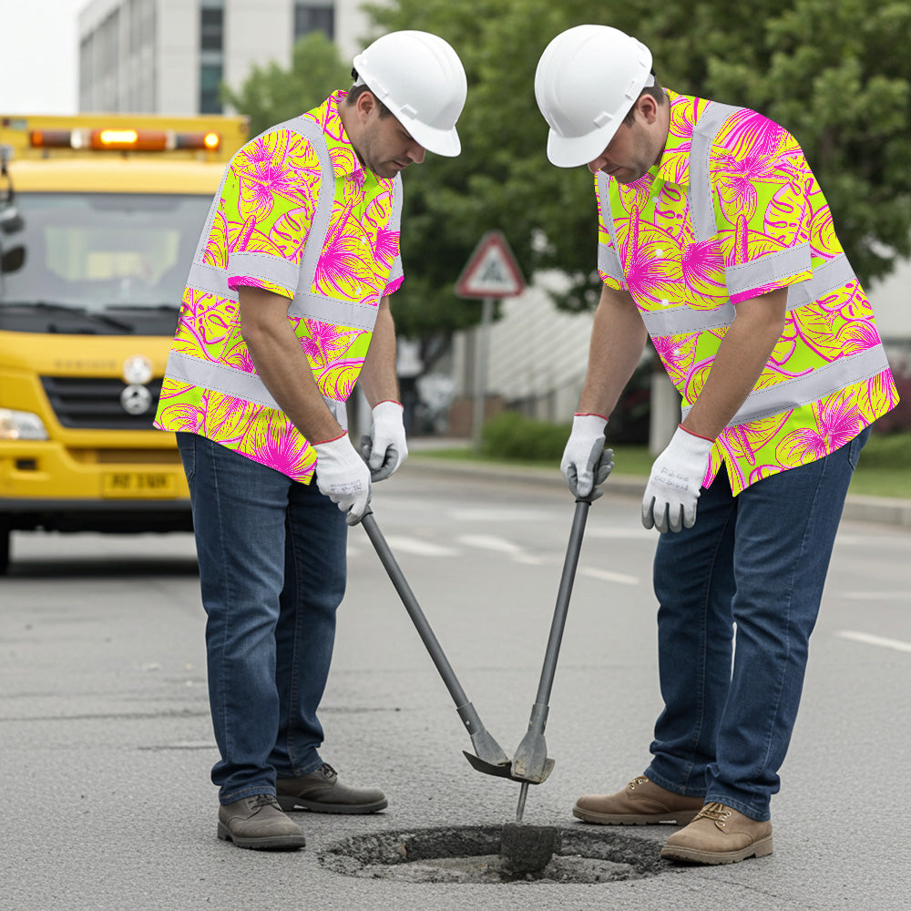Hi Vis Hawaiian Shirt Reflective Tapes Yellow Pink Anthurium Custom Name Safety Workwear For Workers, Truckers, Operators