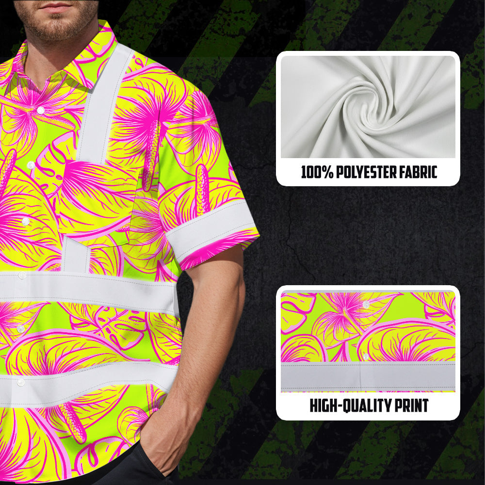Hi Vis Hawaiian Shirt Reflective Tapes Yellow Pink Anthurium Custom Name Safety Workwear For Workers, Truckers, Operators