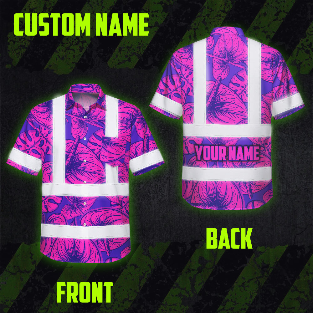 Hi Vis Hawaiian Shirt Reflective Tapes Violet Pink Anthurium Custom Name Safety Workwear For Workers, Truckers, Operators