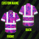Hi Vis Hawaiian Shirt Reflective Tapes Violet Pink Anthurium Custom Name Safety Workwear For Workers, Truckers, Operators