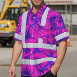 Hi Vis Hawaiian Shirt Reflective Tapes Violet Pink Anthurium Custom Name Safety Workwear For Workers, Truckers, Operators