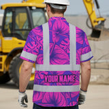 Hi Vis Hawaiian Shirt Reflective Tapes Violet Pink Anthurium Custom Name Safety Workwear For Workers, Truckers, Operators
