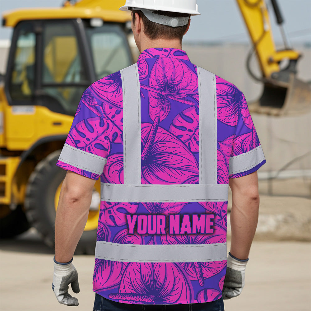 Hi Vis Hawaiian Shirt Reflective Tapes Violet Pink Anthurium Custom Name Safety Workwear For Workers, Truckers, Operators