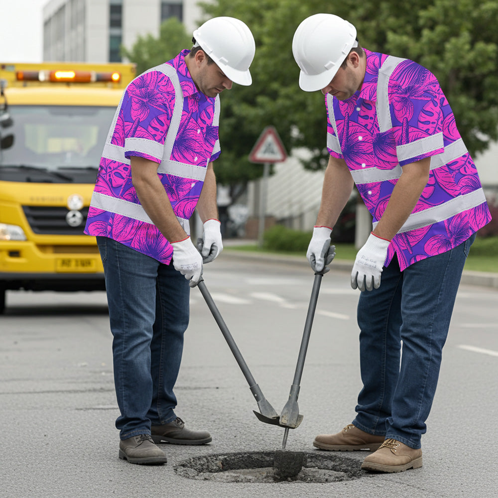 Hi Vis Hawaiian Shirt Reflective Tapes Violet Pink Anthurium Custom Name Safety Workwear For Workers, Truckers, Operators