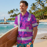 Hi Vis Hawaiian Shirt Reflective Tapes Violet Pink Anthurium Custom Name Safety Workwear For Workers, Truckers, Operators