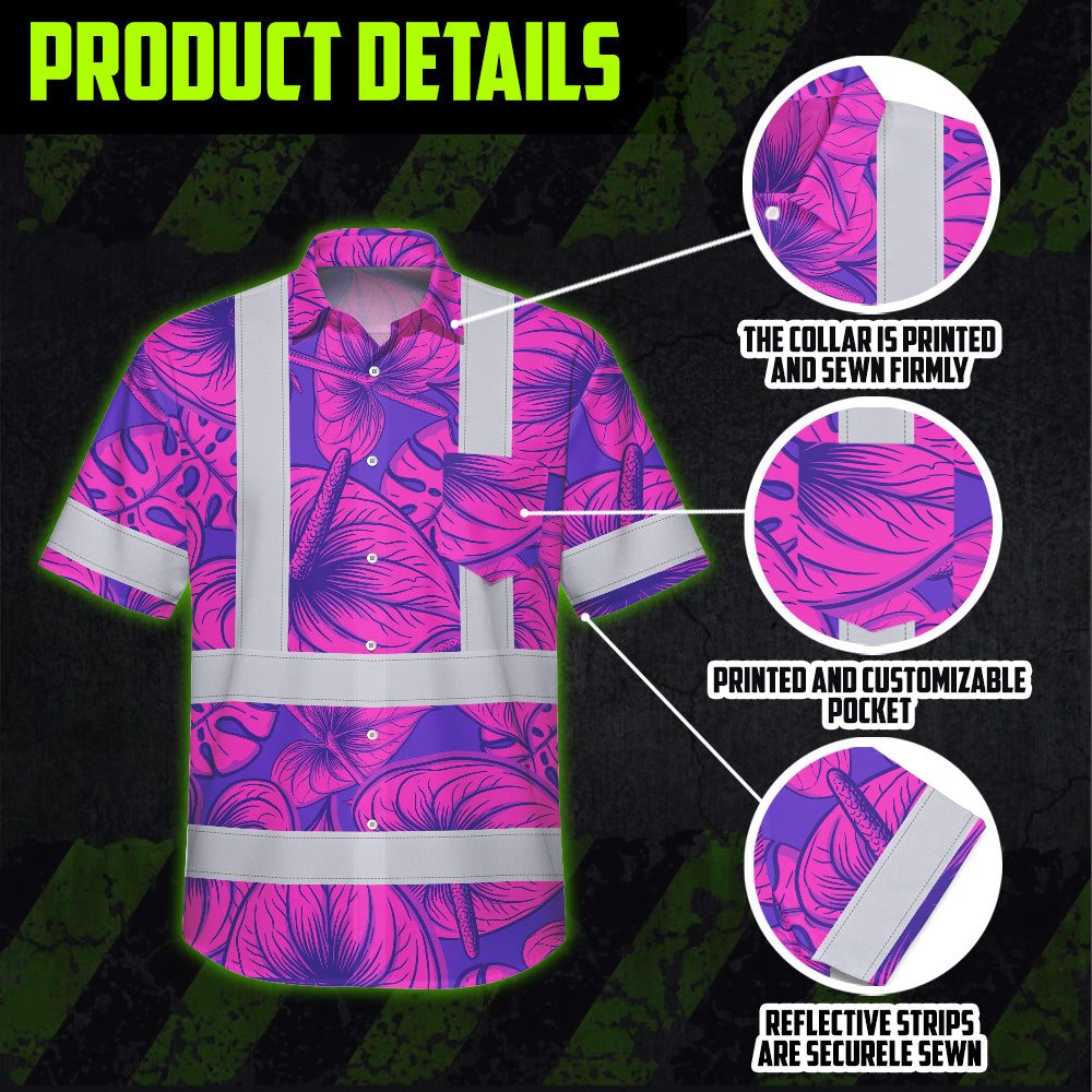 Hi Vis Hawaiian Shirt Reflective Tapes Violet Pink Anthurium Custom Name Safety Workwear For Workers, Truckers, Operators