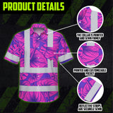 Hi Vis Hawaiian Shirt Reflective Tapes Violet Pink Anthurium Custom Name Safety Workwear For Workers, Truckers, Operators