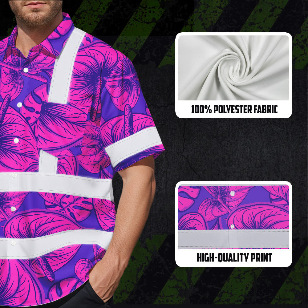 Hi Vis Hawaiian Shirt Reflective Tapes Violet Pink Anthurium Custom Name Safety Workwear For Workers, Truckers, Operators