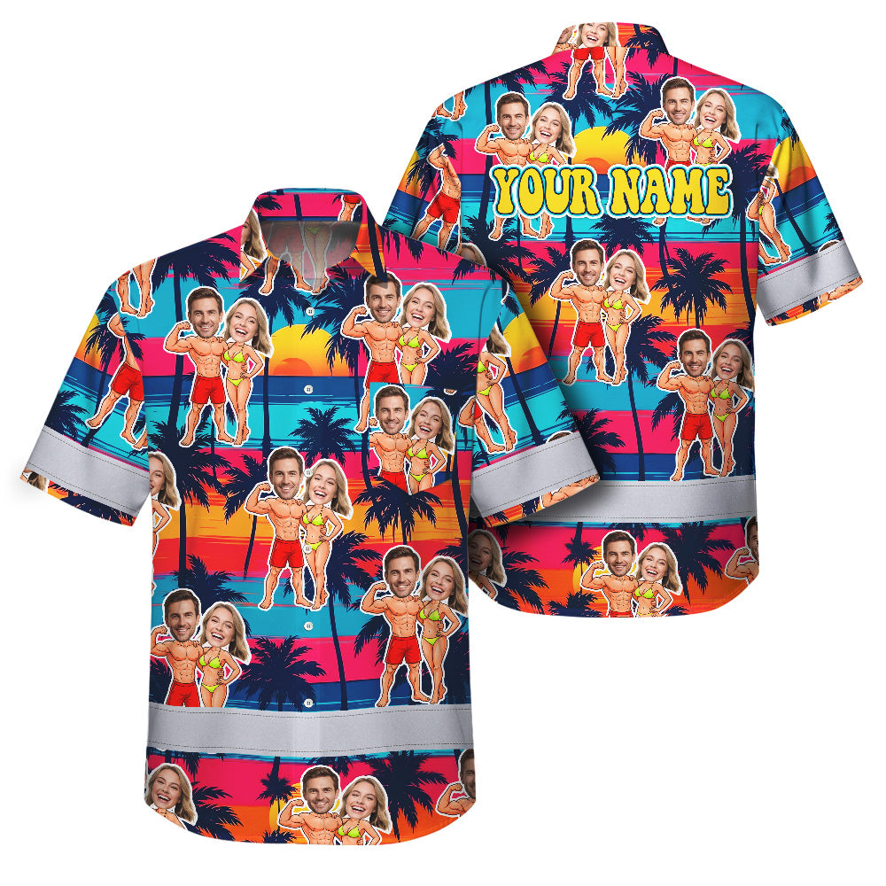 Hi Vis Hawaiian Shirt Reflective Tapes Funny Couple Beach 2 Custom Name And Image Safety Workwear For Workers, Truckers, Operators