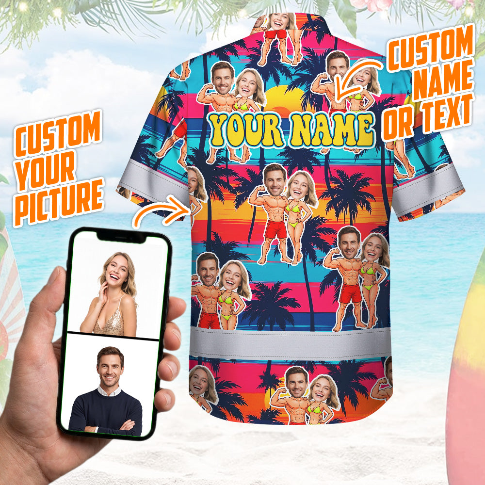 Hi Vis Hawaiian Shirt Reflective Tapes Funny Couple Beach 2 Custom Name And Image Safety Workwear For Workers, Truckers, Operators
