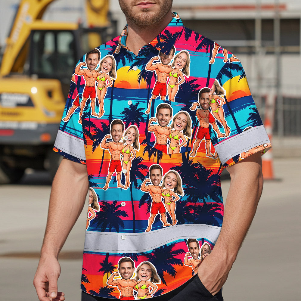 Hi Vis Hawaiian Shirt Reflective Tapes Funny Couple Beach 2 Custom Name And Image Safety Workwear For Workers, Truckers, Operators