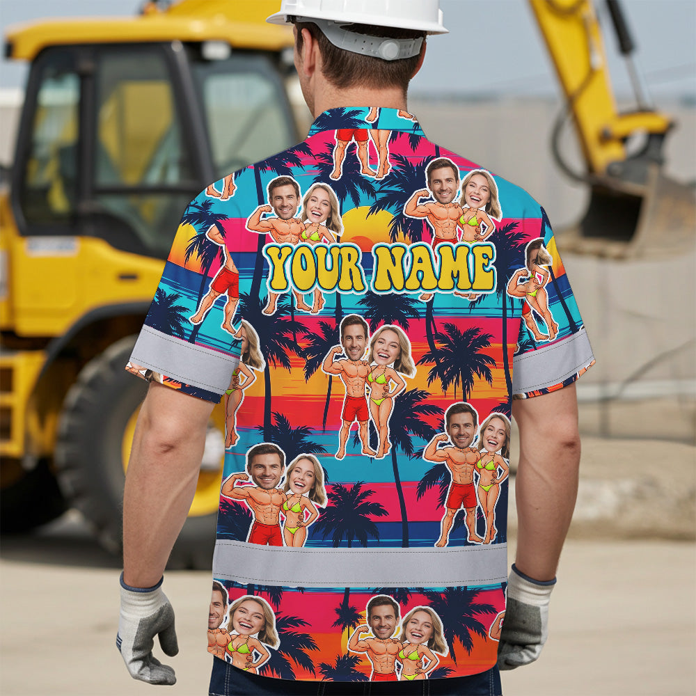 Hi Vis Hawaiian Shirt Reflective Tapes Funny Couple Beach 2 Custom Name And Image Safety Workwear For Workers, Truckers, Operators