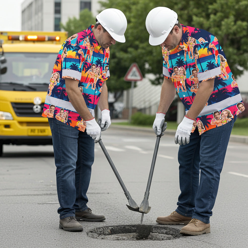 Hi Vis Hawaiian Shirt Reflective Tapes Funny Couple Beach 2 Custom Name And Image Safety Workwear For Workers, Truckers, Operators