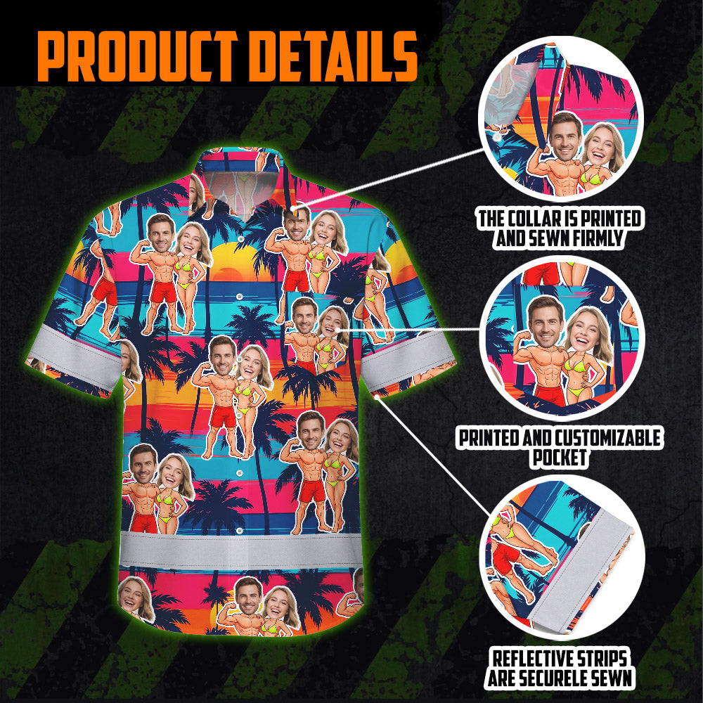 Hi Vis Hawaiian Shirt Reflective Tapes Funny Couple Beach 2 Custom Name And Image Safety Workwear For Workers, Truckers, Operators