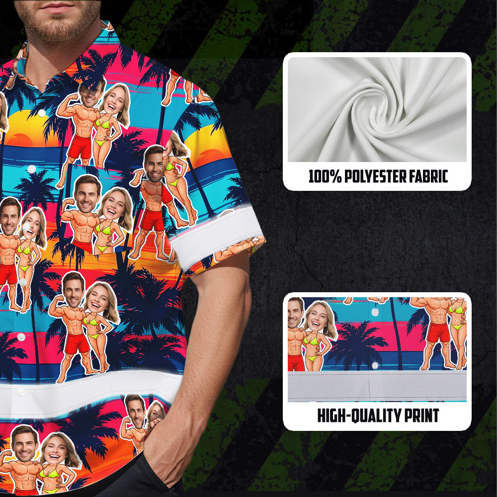 Hi Vis Hawaiian Shirt Reflective Tapes Funny Couple Beach 2 Custom Name And Image Safety Workwear For Workers, Truckers, Operators