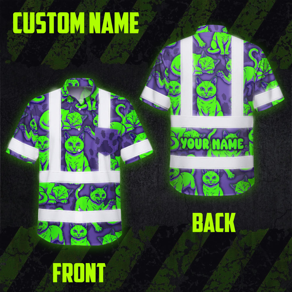 Hi Vis Hawaiian Shirt Reflective Tapes Violet Green Cat Custom Name Safety Workwear For Workers, Truckers, Operators